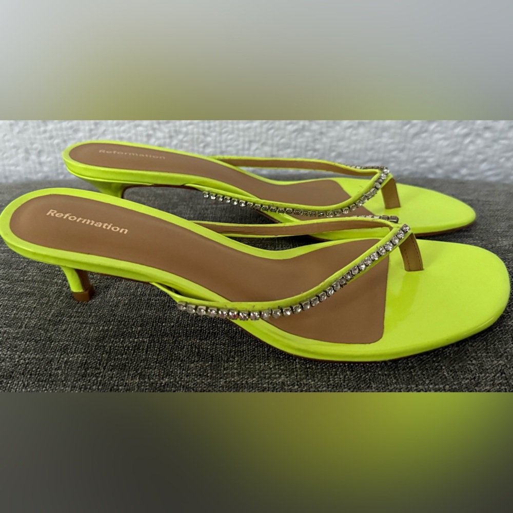 Reformation Cleo Thong Kitten Heel in Neon Green with Rhinestones Size 8